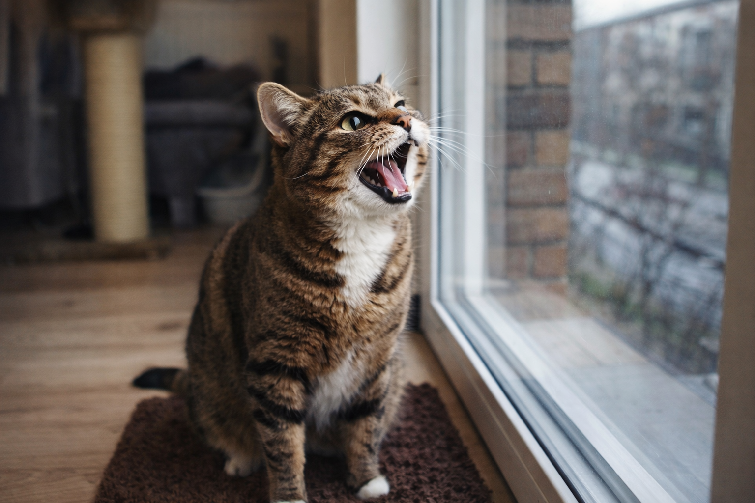 Gato estressado miando muito perto da janela dentro de casa, sinal comum de ansiedade e estresse felino