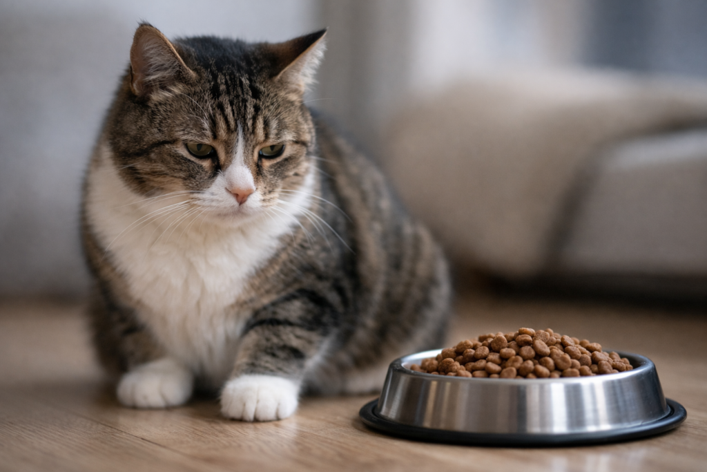 Gato estressado não come e ignora o prato de ração dentro de casa