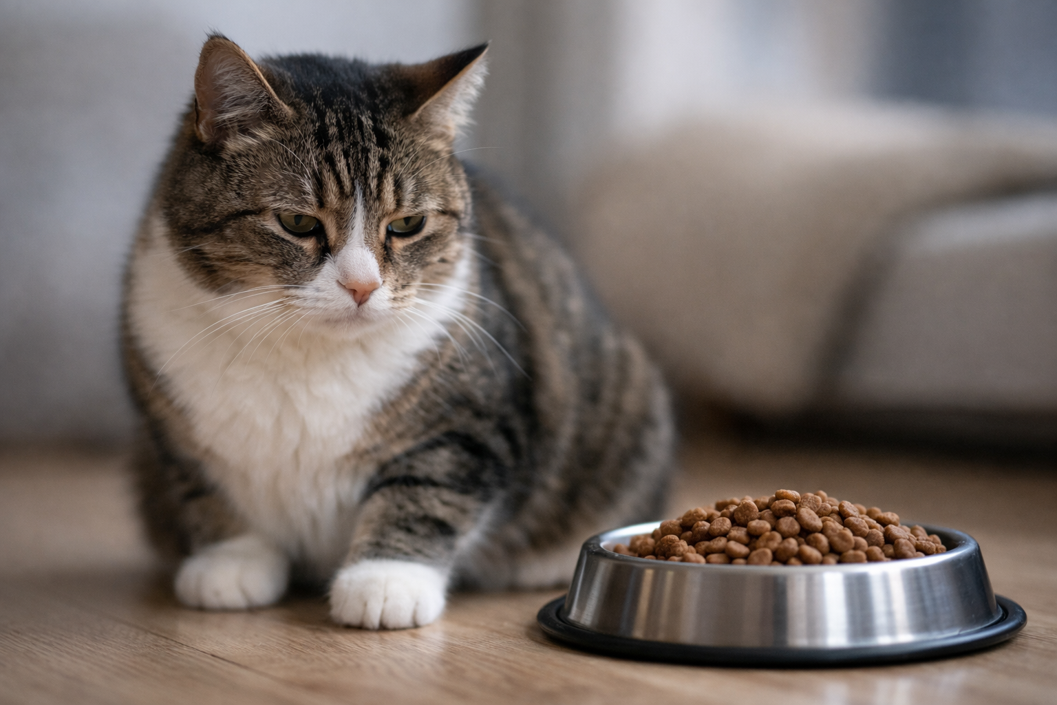 Gato estressado não come e ignora o prato de ração dentro de casa