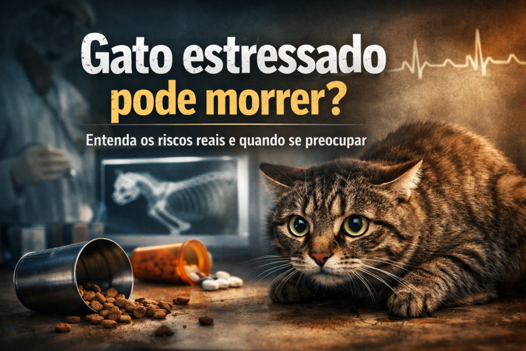 Gato estressado pode morrer? Gato encolhido no chão, com sinais de medo e alerta sobre riscos à saúde felina