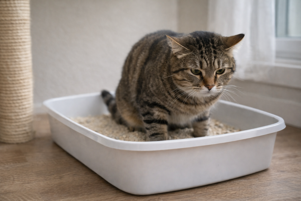 Gato estressado na caixa de areia, demonstrando desconforto ao urinar e possível problema urinário
