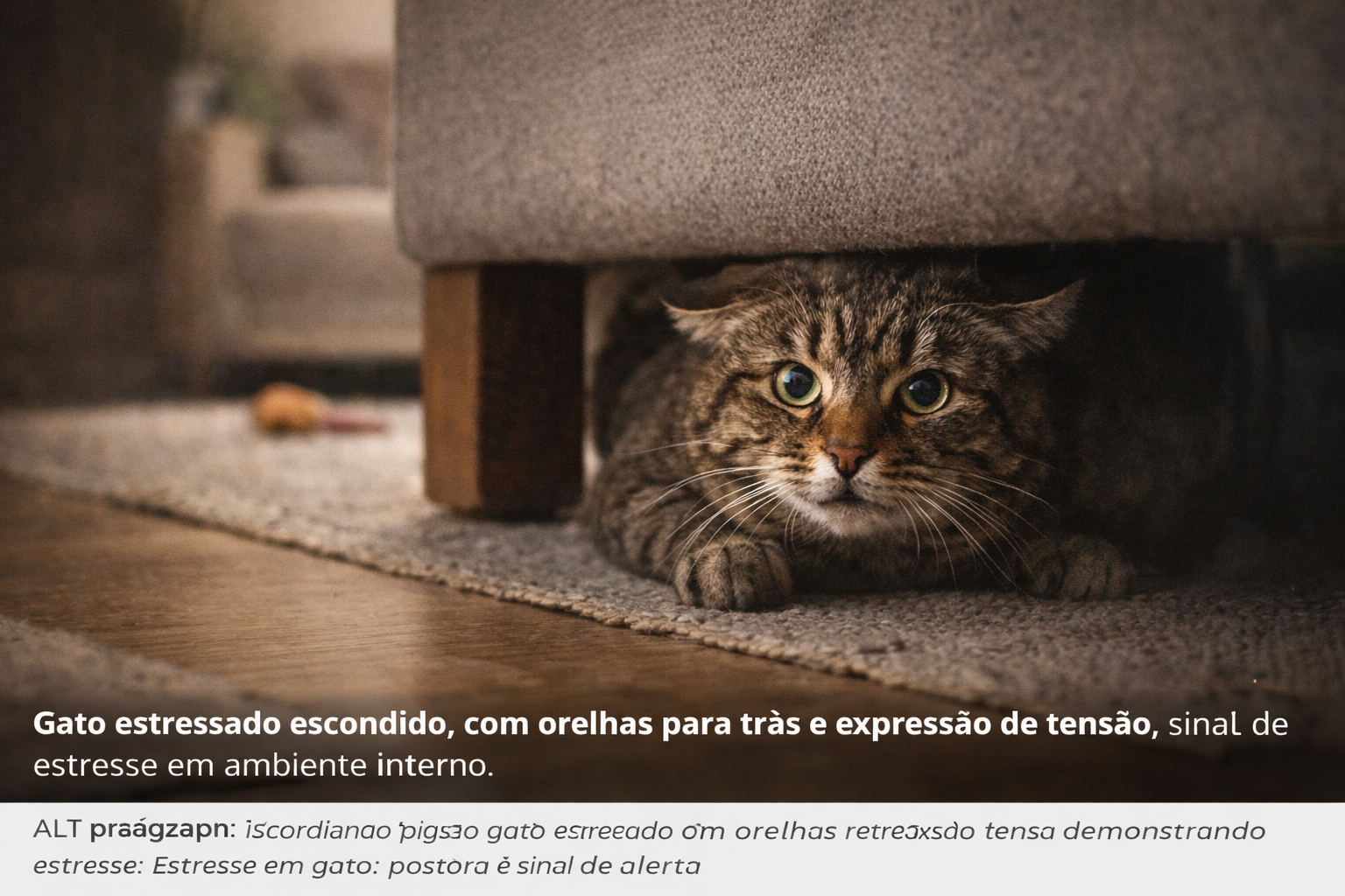 Gato estressado se escondendo em ambiente interno, com orelhas para trás e postura de tensão