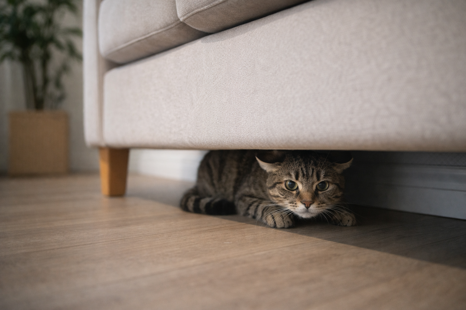 Gato se escondendo debaixo do sofá em apartamento, com orelhas para trás e postura de medo