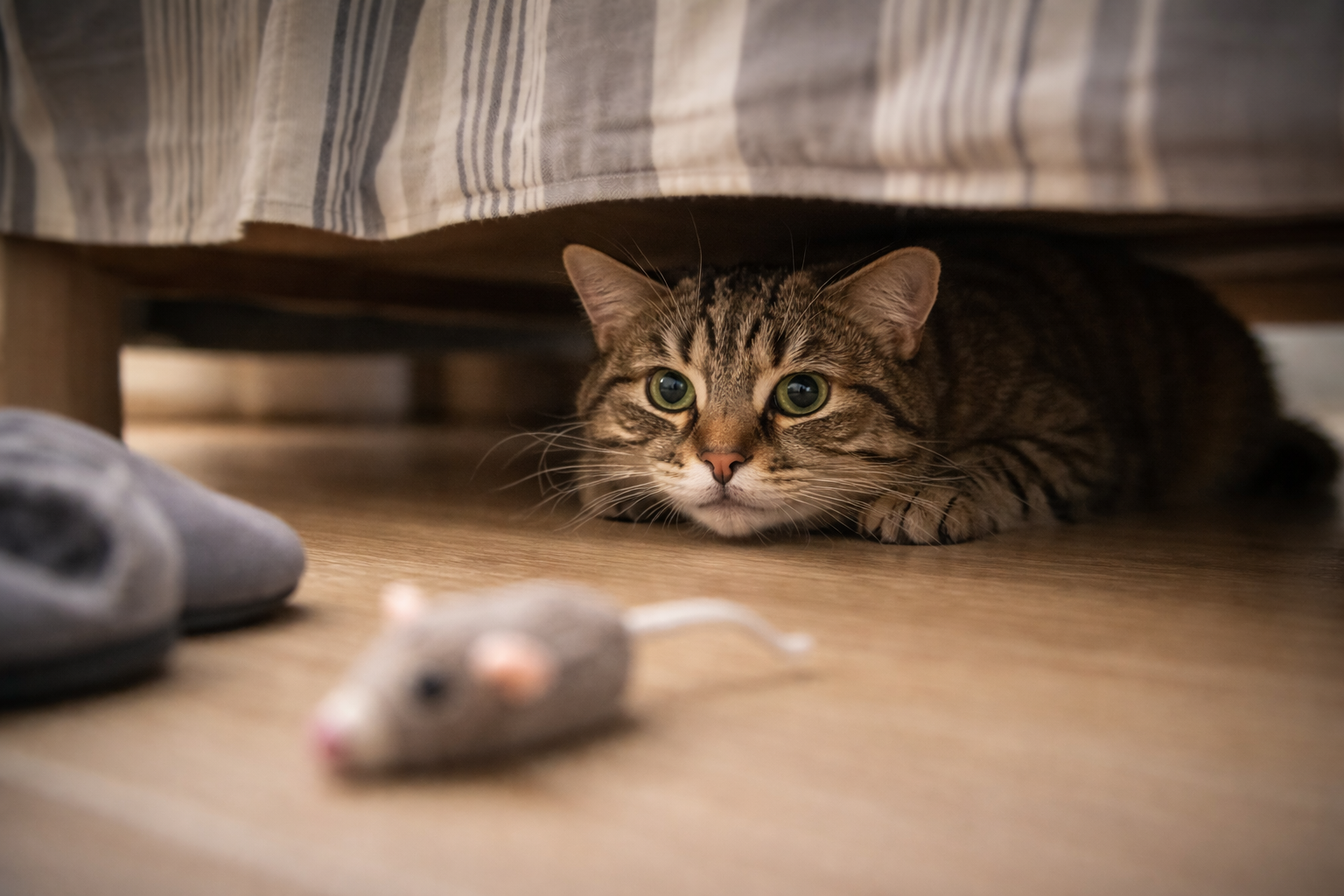 Gato estressado se escondendo debaixo da cama por insegurança no ambiente