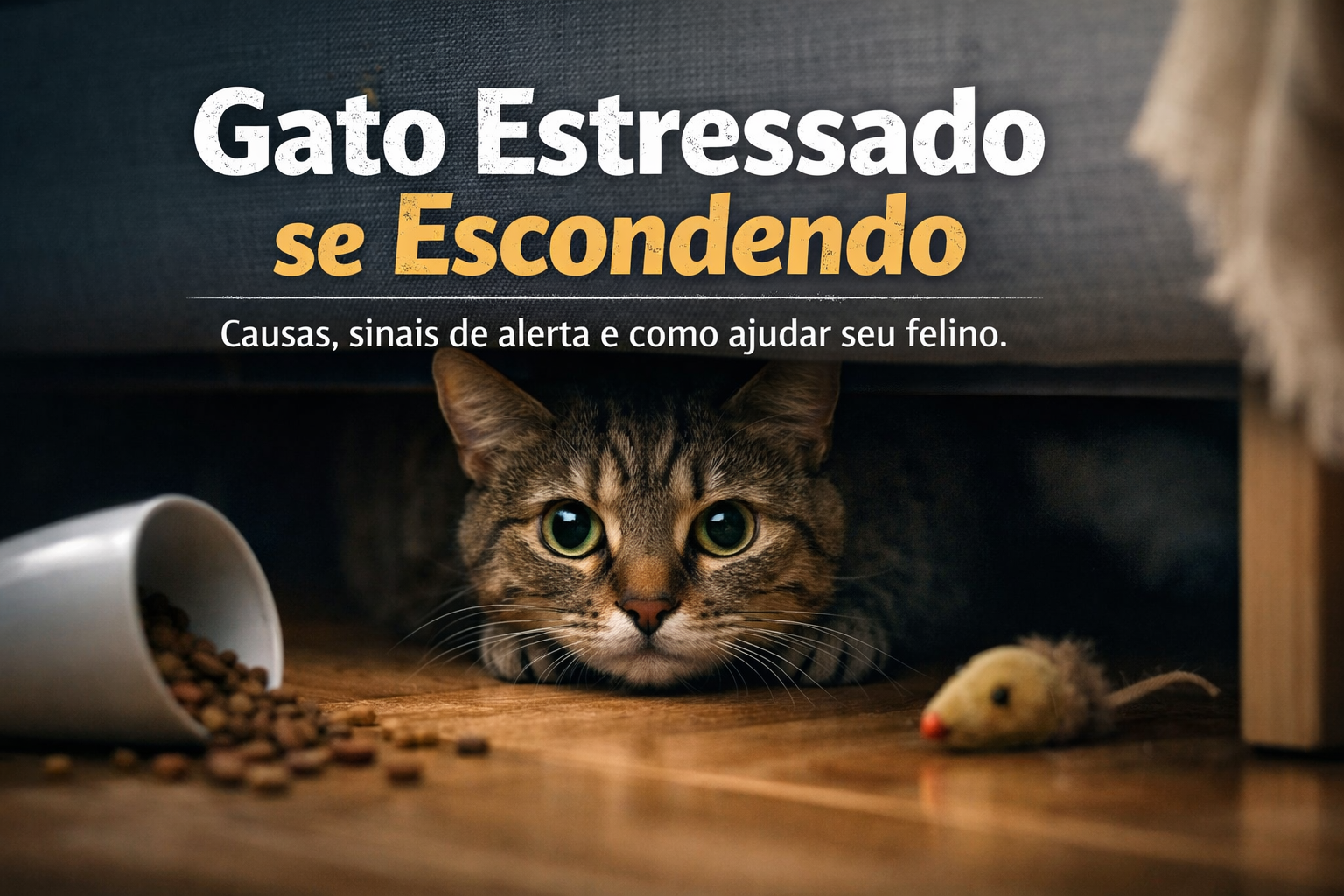 Gato estressado se escondendo por medo embaixo do móvel dentro de casa