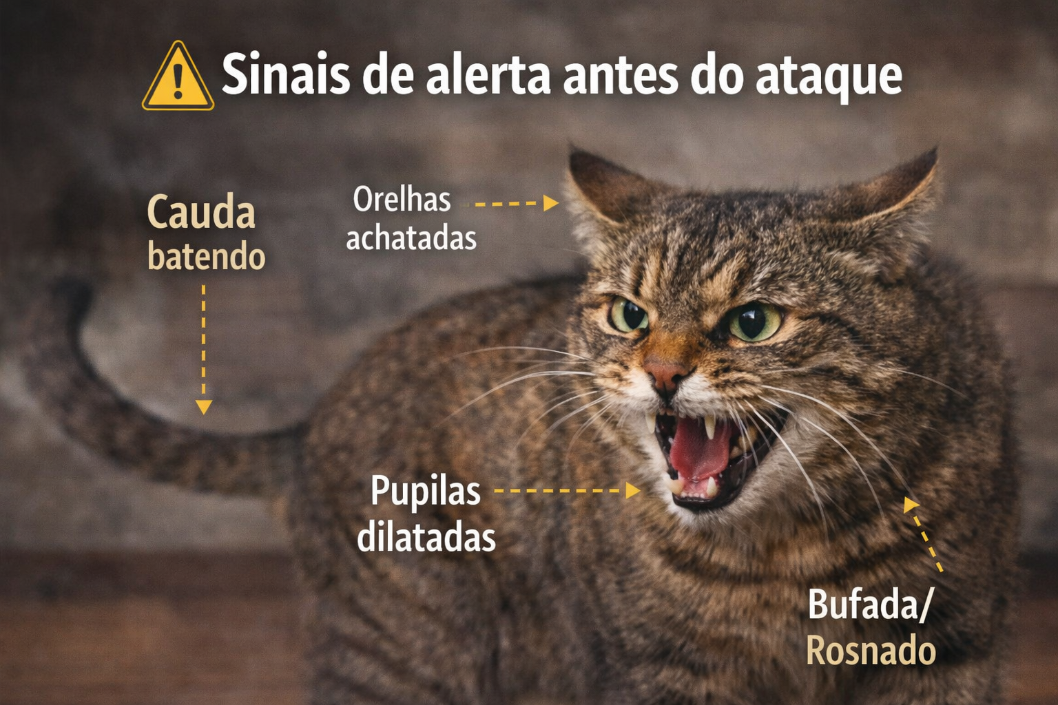 Gato estressado mostrando sinais de agressividade com orelhas para trás e cauda rígida.