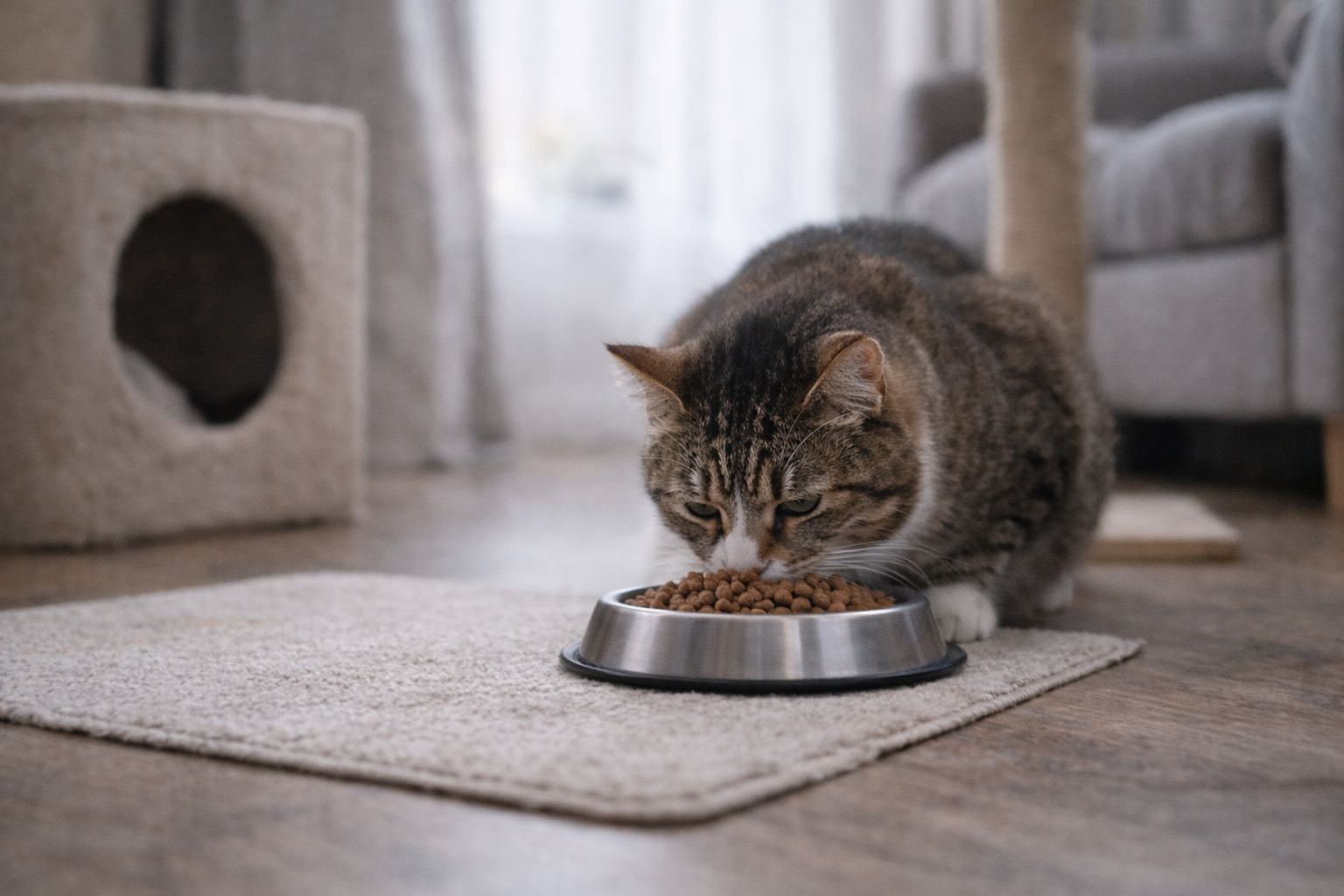 Gato estressado voltando a comer em ambiente calmo e seguro dentro de casa