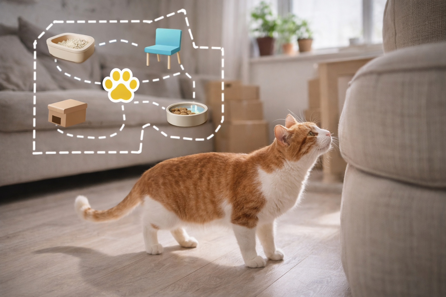 Gato explorando o território da casa nova após mudança de ambiente