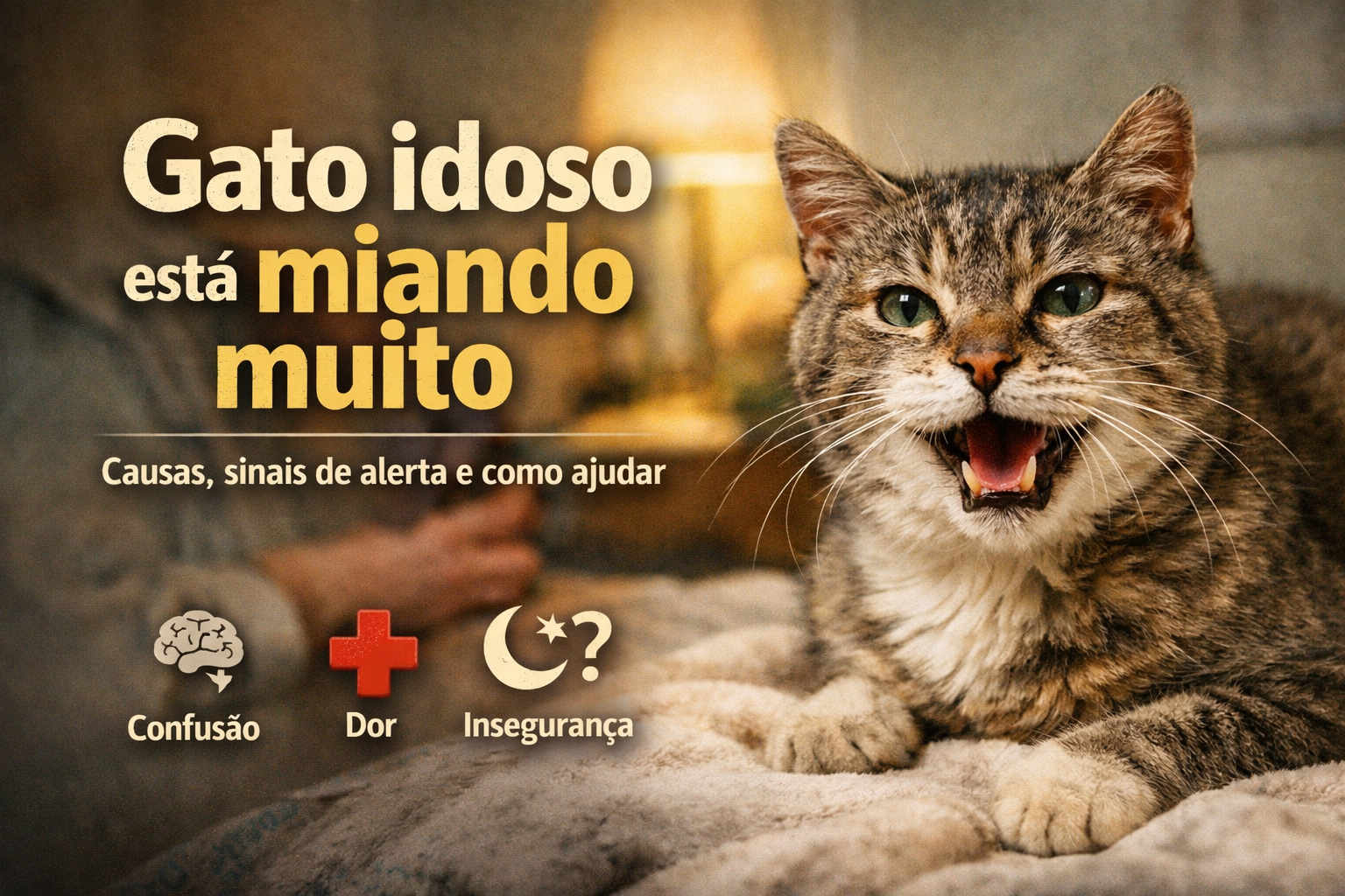 Gato idoso miando muito dentro de casa, sinalizando confusão, dor ou insegurança