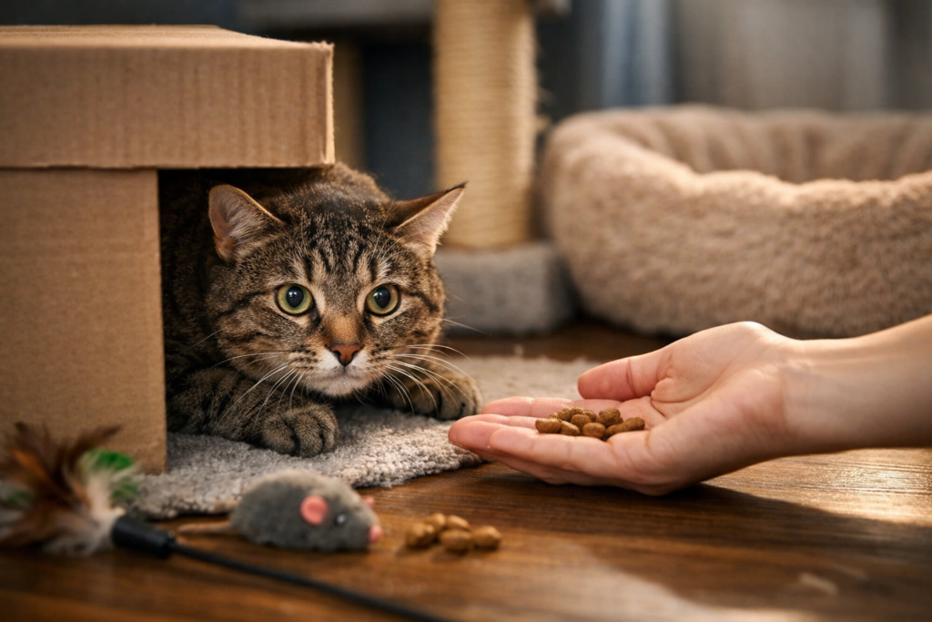 Gato medroso em casa se adaptando ao ambiente doméstico em espaço seguro e tranquilo