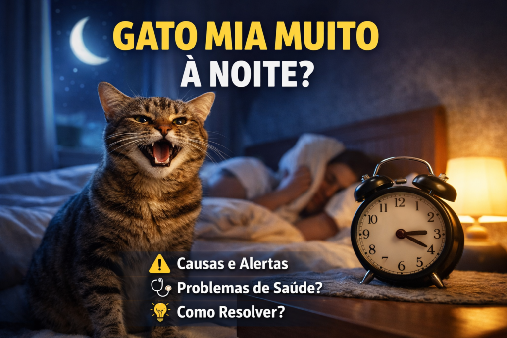 Gato miando à noite dentro de casa, demonstrando comportamento noturno comum em felinos