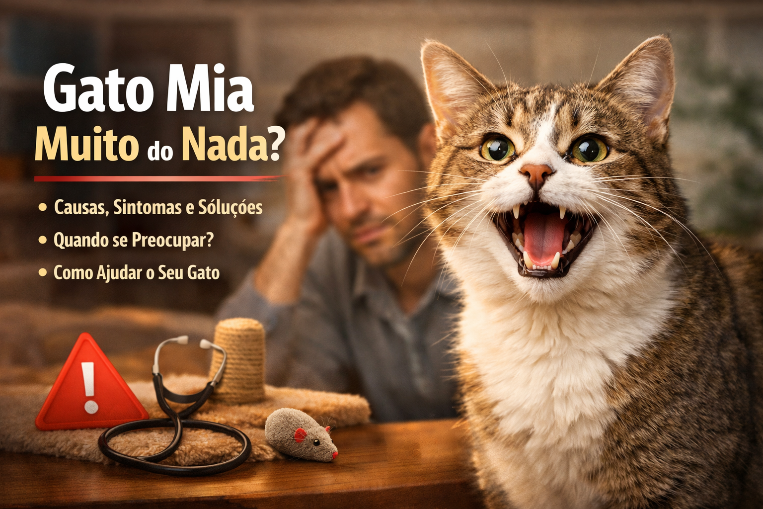 Gato miando muito do nada enquanto tutor observa preocupado dentro de casa