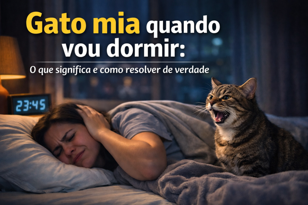 Gato miando à noite ao lado da cama enquanto o tutor tenta dormir