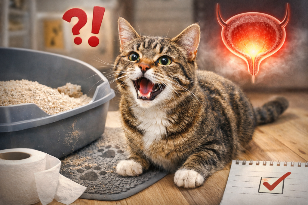 Gato miando logo após usar a caixa de areia, possível sinal de desconforto urinário ou ambiental