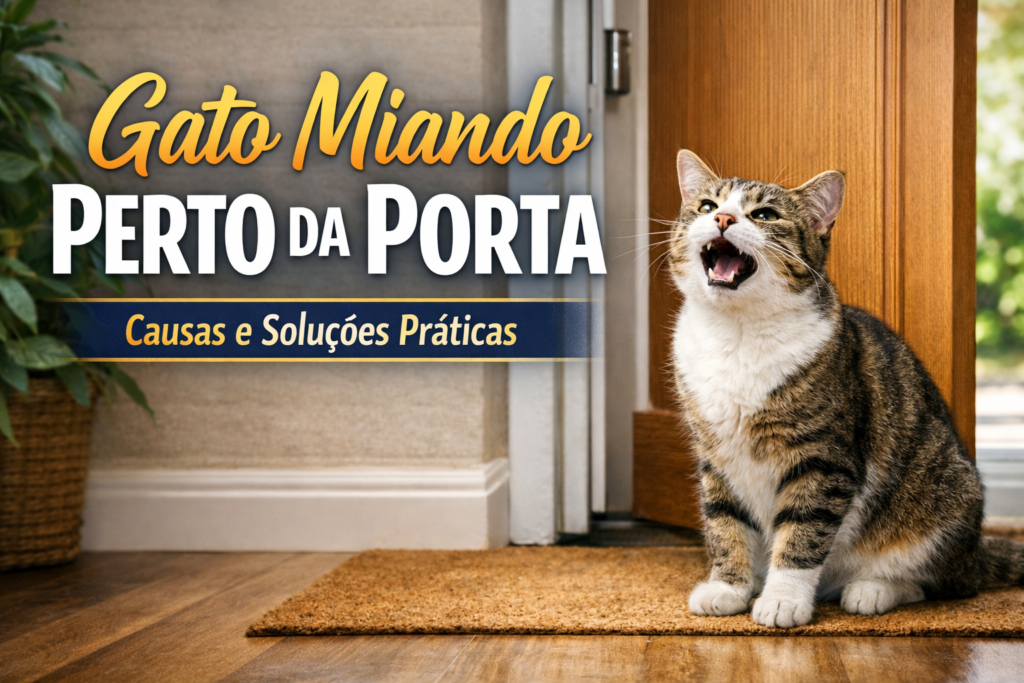 Gato miando perto da porta de casa em busca de atenção e acesso ao ambiente