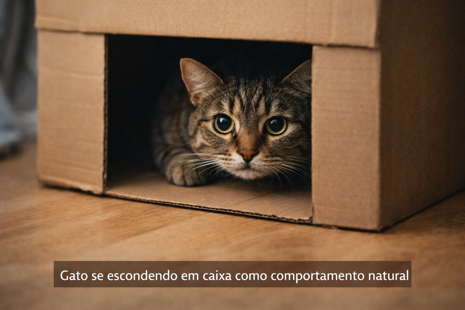 Gato se escondendo em caixa como comportamento natural de autoproteção