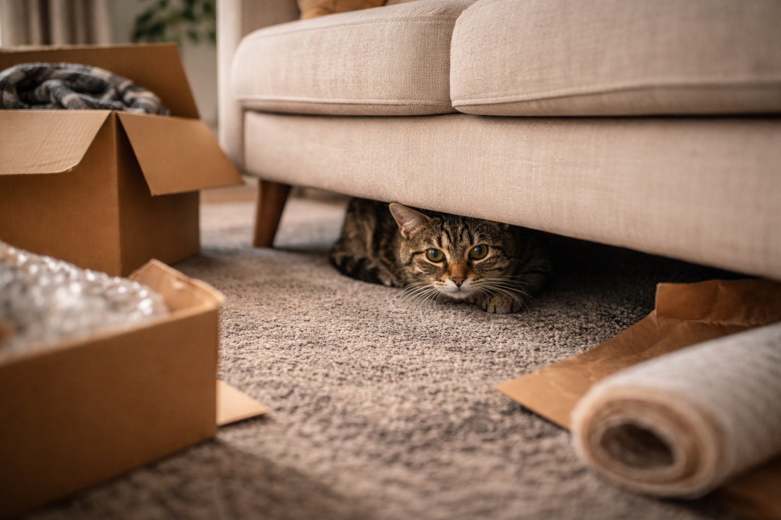 Gato estressado após mudança se escondendo no ambiente novo