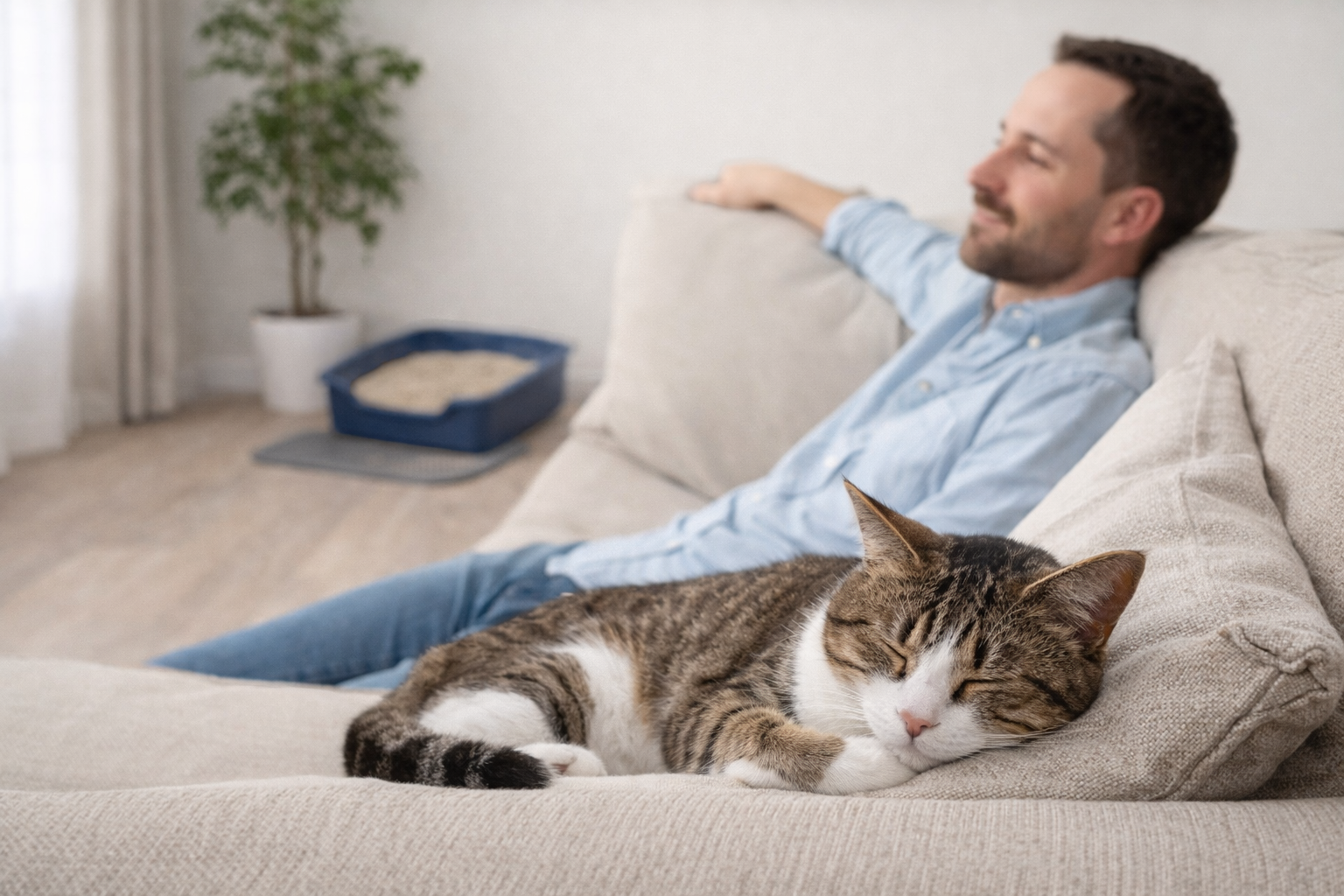 Gato tranquilo descansando em um ambiente limpo enquanto o tutor relaxa no sofá, mostrando resultado de uma rotina adequada com a caixa de areia