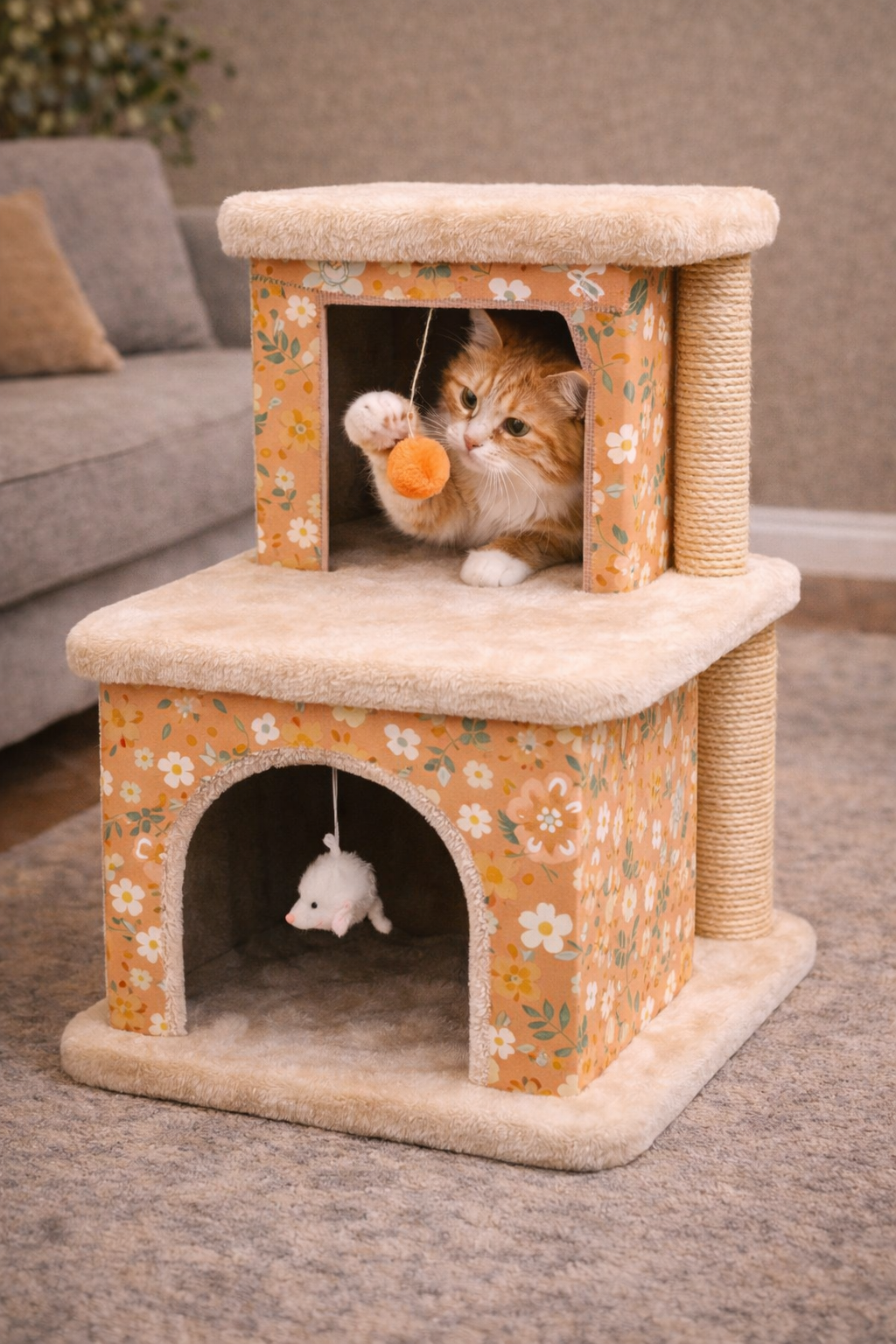 Gato interagindo com arranhador tipo casinha para reduzir estresse, insegurança e ansiedade dentro de casa