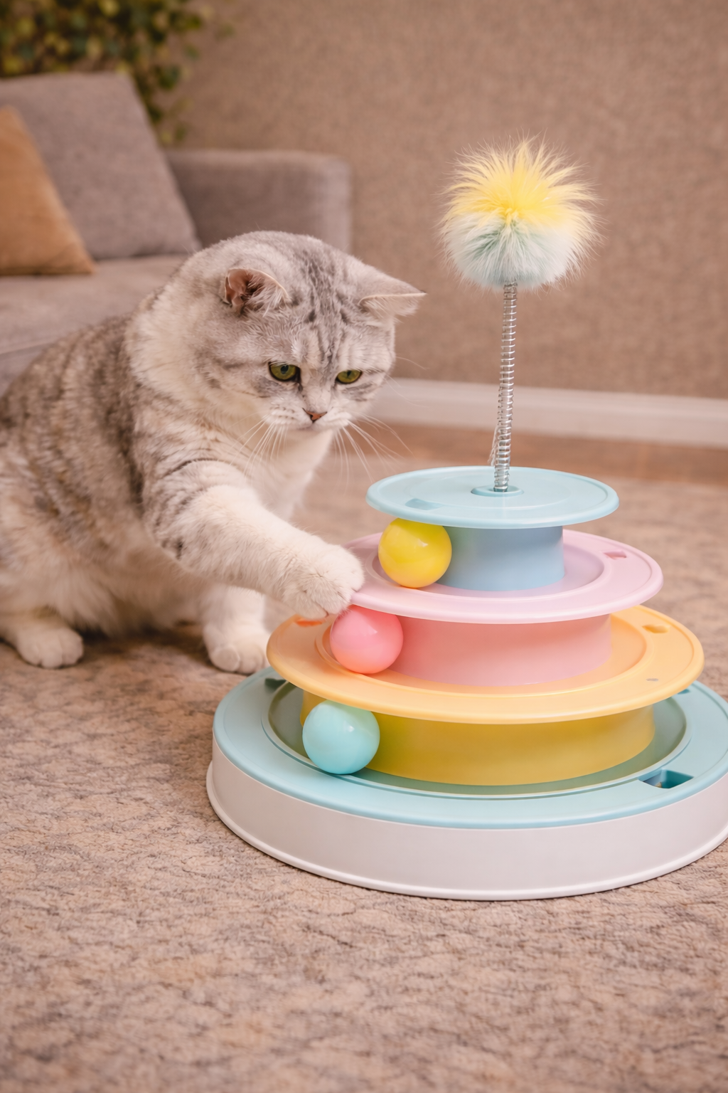 Gato brincando com arranhador interativo com bolinhas para reduzir estresse e tédio dentro de casa