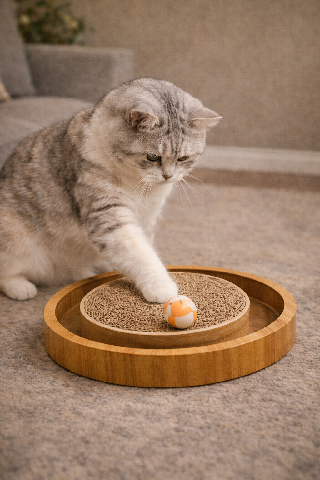 Gato interagindo com arranhador de papelão ondulado para reduzir estresse, ansiedade e tédio dentro de casa
