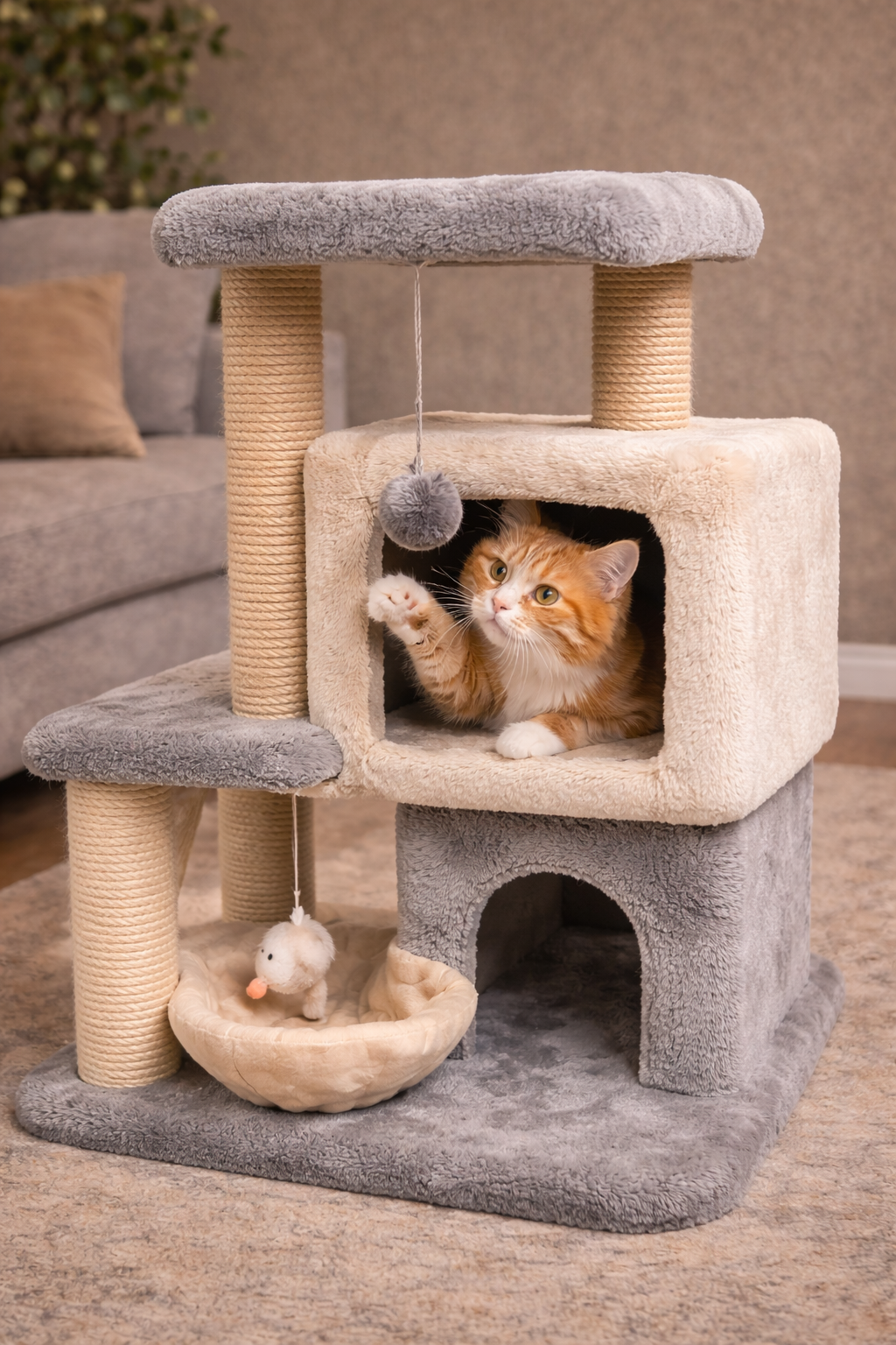 Gato interagindo com arranhador tipo playground com casinha para reduzir estresse, ansiedade e insegurança dentro de casa
