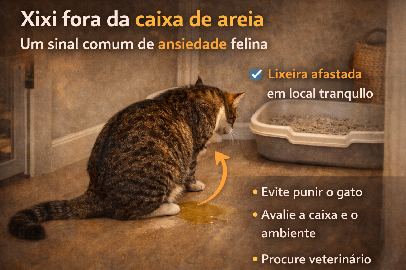 Gato indoor urinando fora da caixa de areia como sinal de ansiedade e estresse