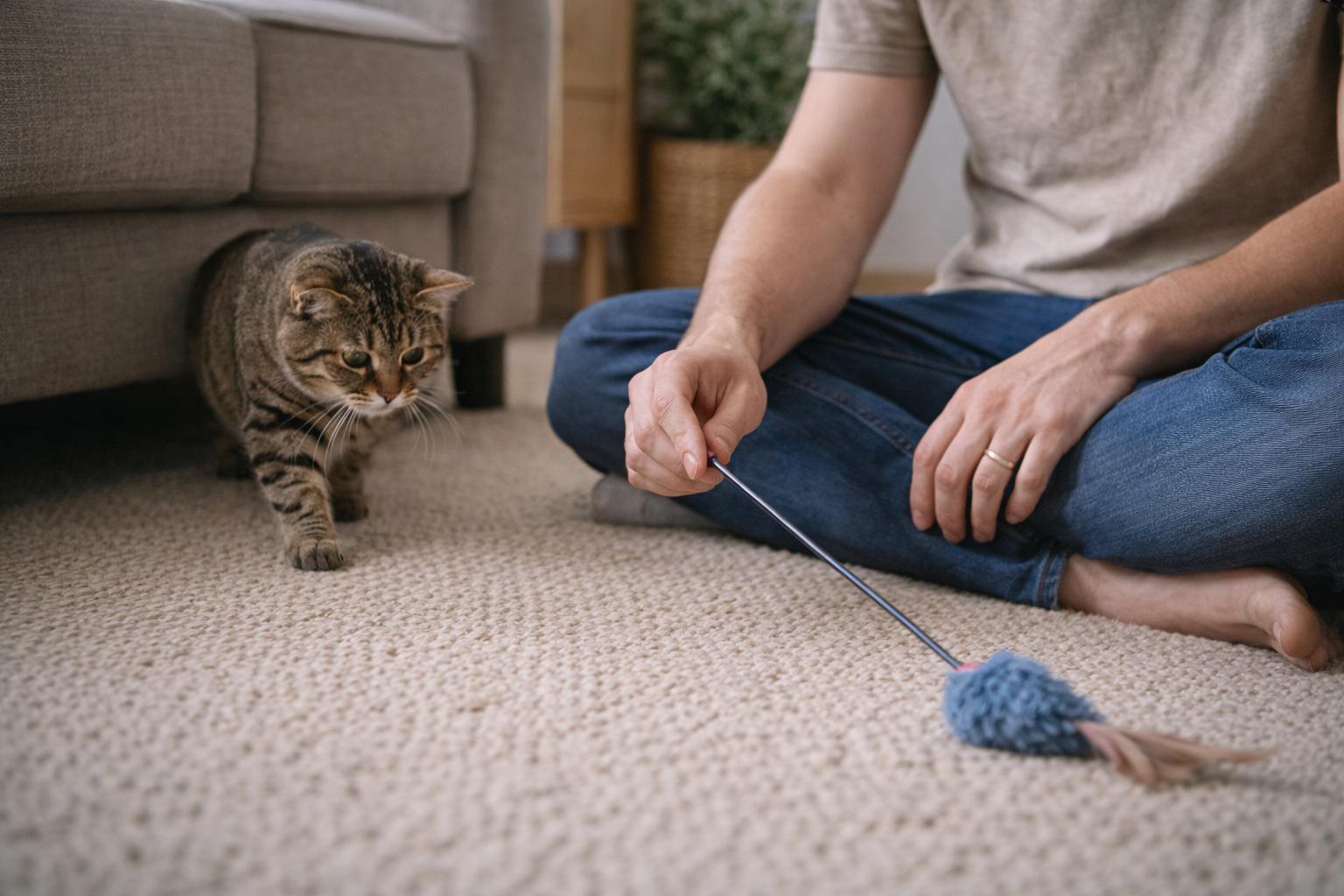 Tutor interagindo corretamente com gato medroso sentado no chão e respeitando o espaço do animal