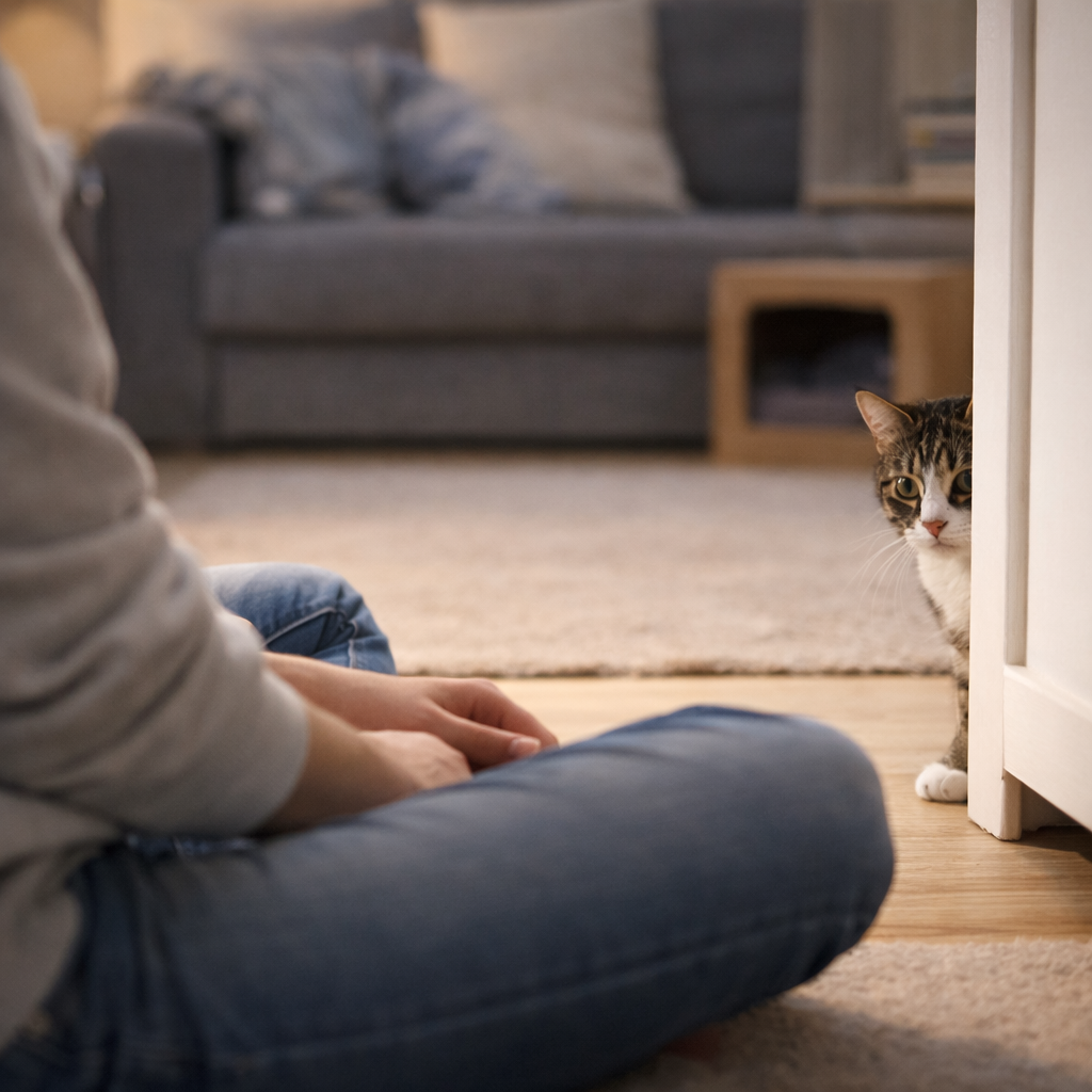 gato medroso observando tutor sentado no chão sem contato físico