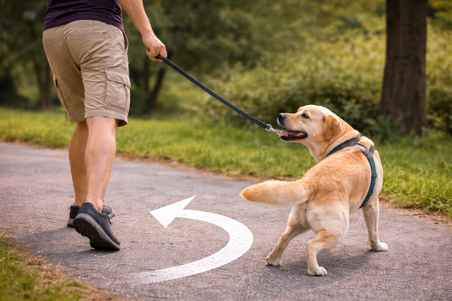 Tutor mudando de direção durante o passeio para ensinar o cachorro a não puxar a guia