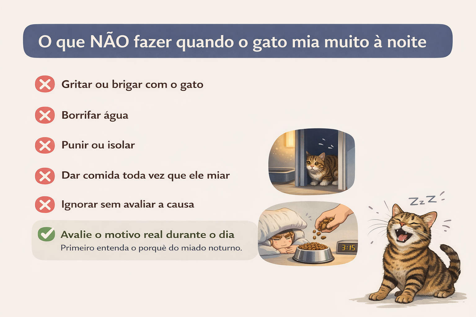 Checklist visual mostrando o que não fazer quando o gato mia muito à noite, com ícones de erro e acerto