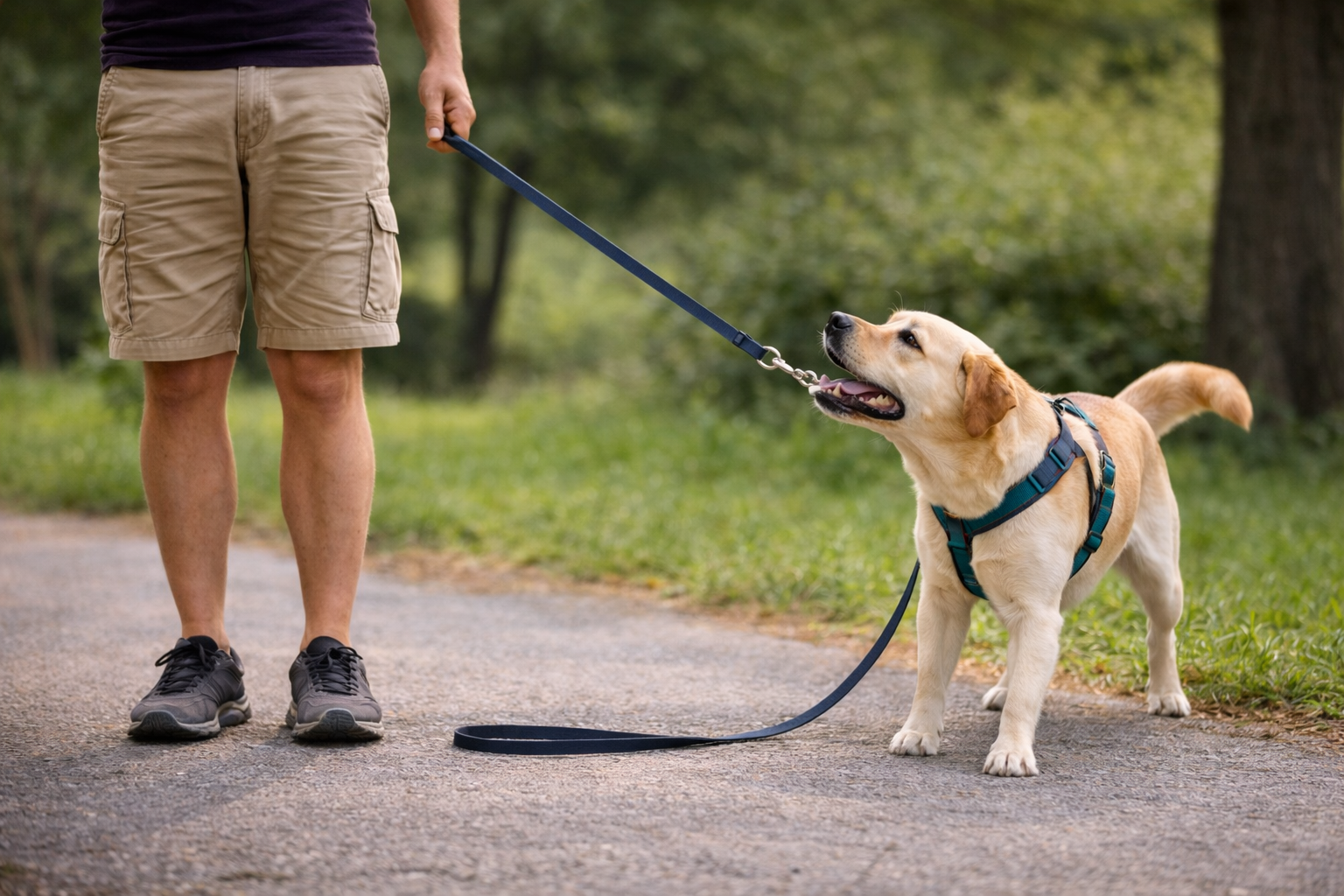 Tutor parado enquanto o cachorro puxa a guia durante o treino de passeio