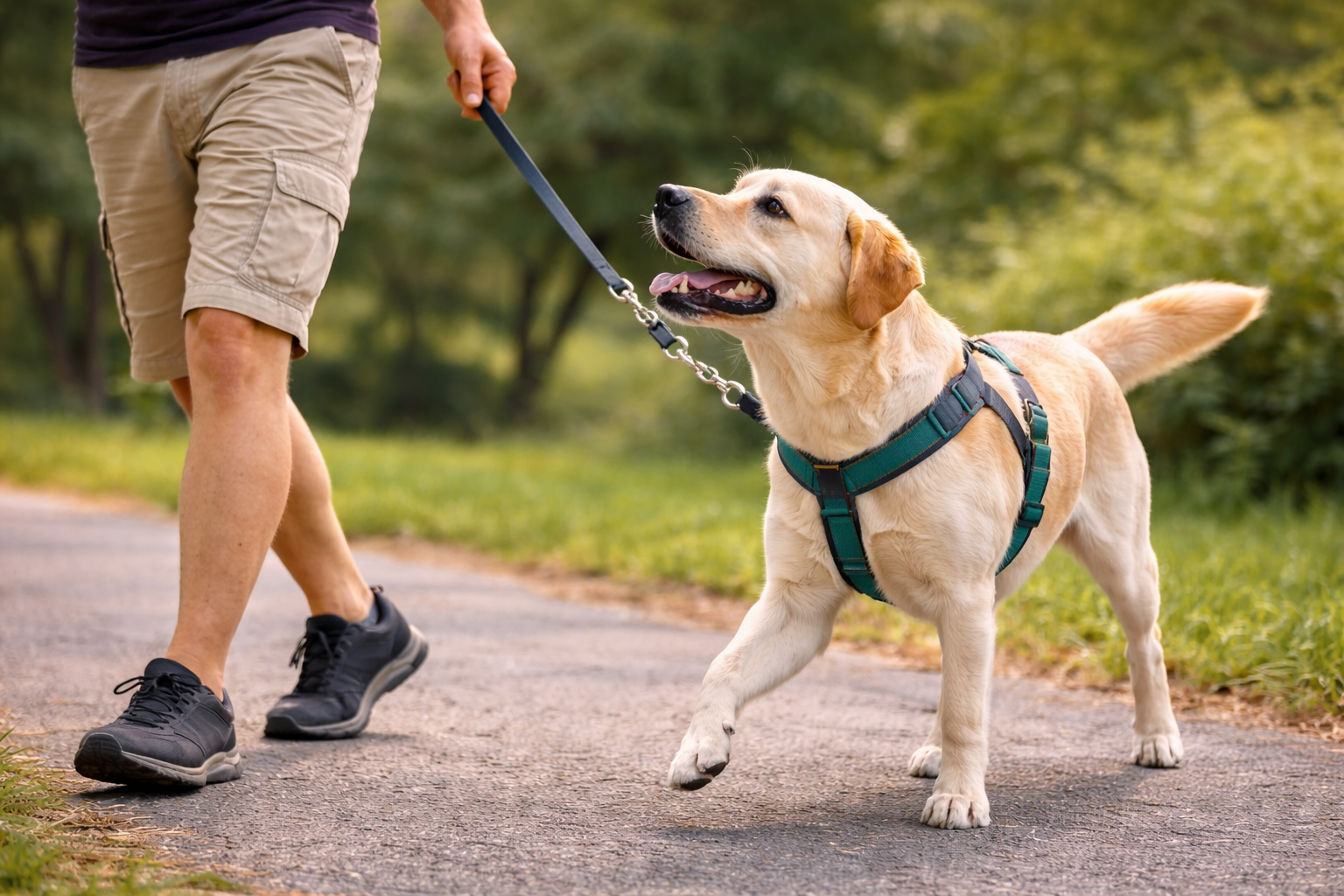 Cachorro usando peitoral anti-puxão com engate frontal durante o passeio