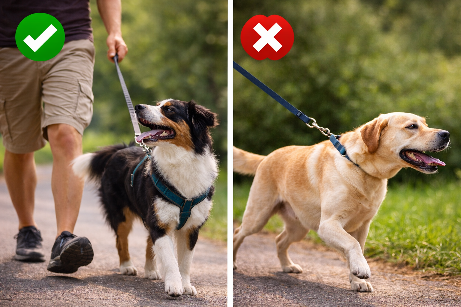 Comparação entre peitoral anti-puxão e coleira no pescoço usados em cachorro durante o passeio
