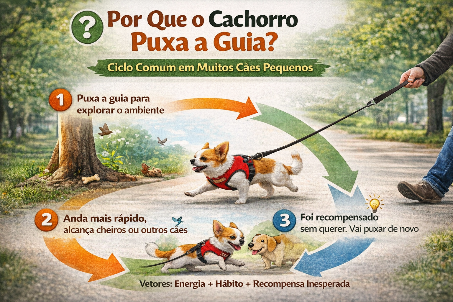Infográfico com os principais motivos que fazem cães pequenos puxarem a guia