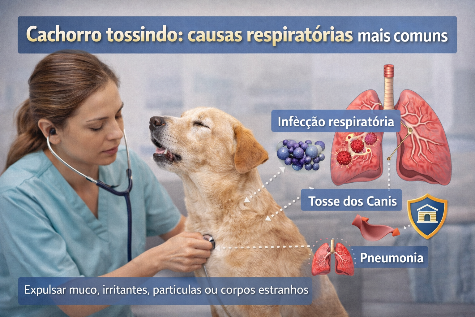 Cachorro tossindo com sinais de alerta, como dificuldade respiratória e aparência abatida, indicando quando procurar atendimento veterinário