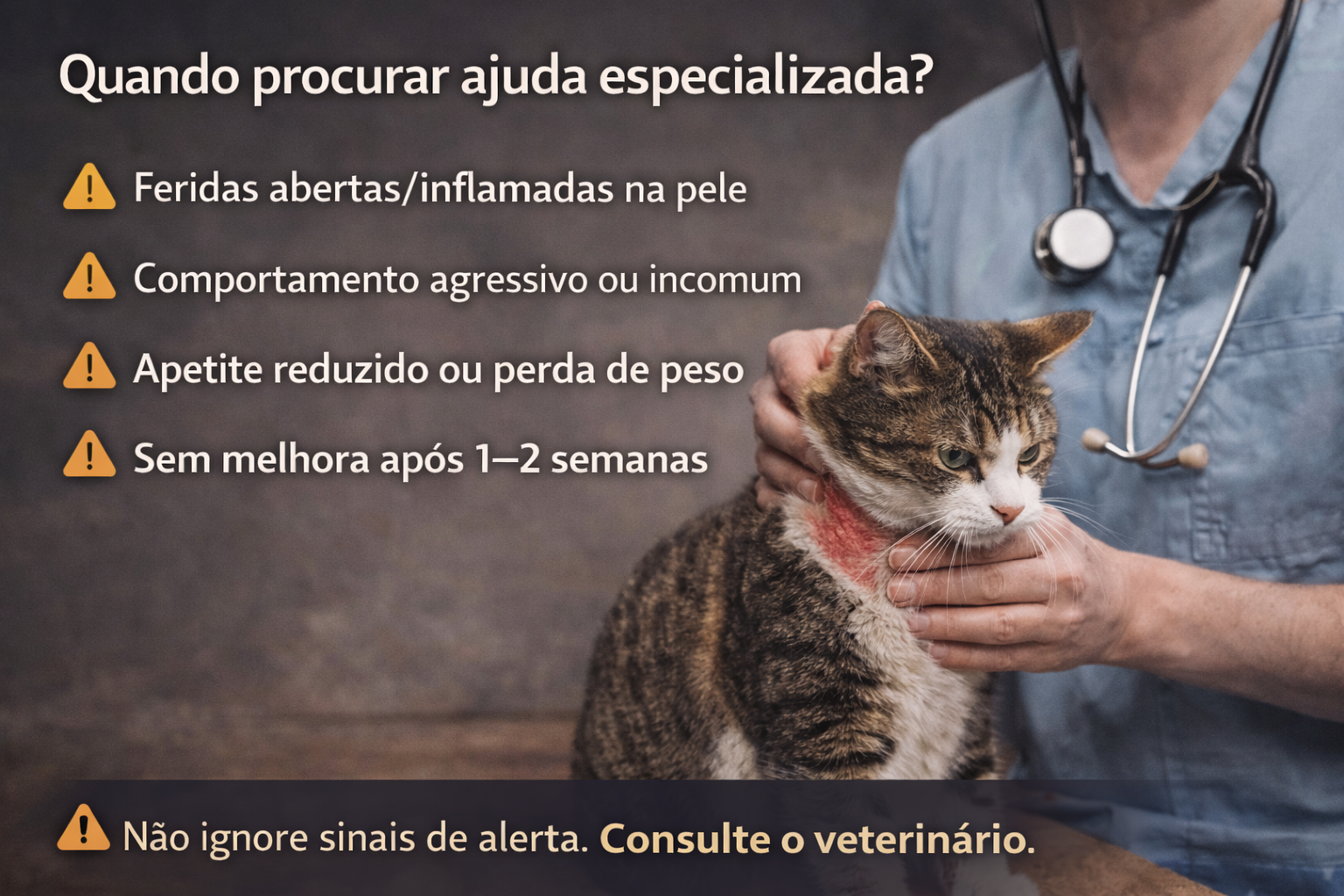 Sinais de alerta que indicam quando procurar veterinário para gato estressado arrancando pelo, como feridas, dor e piora do comportamento