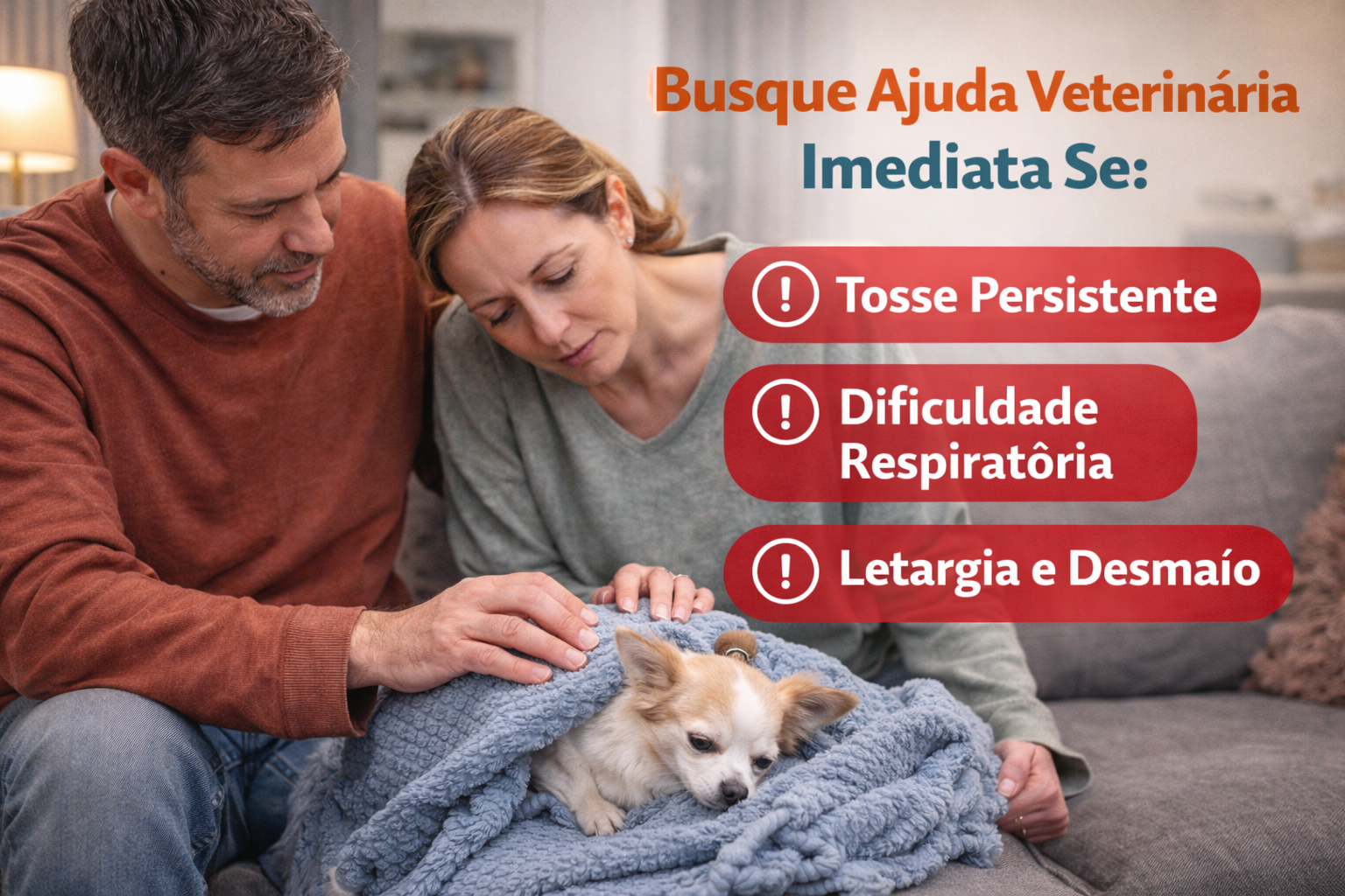 Tutor confortando cachorro com tosse persistente e sinais que exigem atendimento veterinário