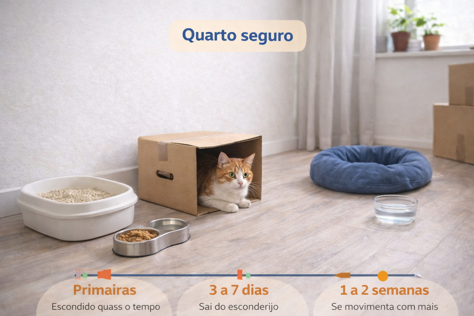 Quarto seguro com caixa de areia, comida e esconderijo para gato após mudança