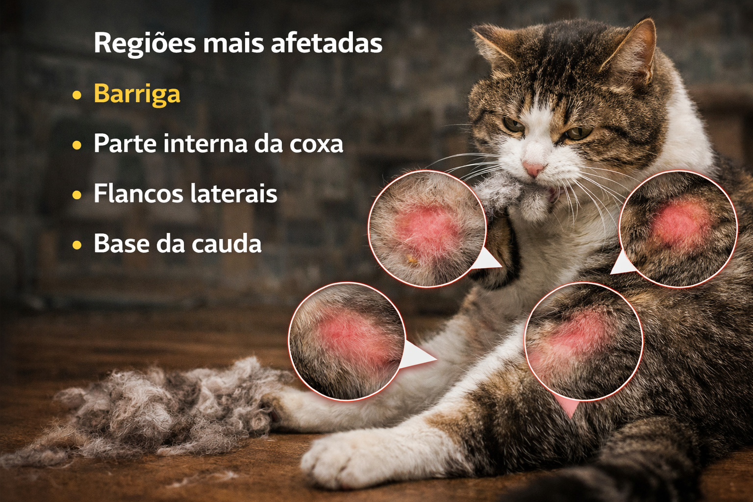 Regiões mais afetadas em gato estressado arrancando pelo, com falhas na barriga, coxas, flancos e base da cauda