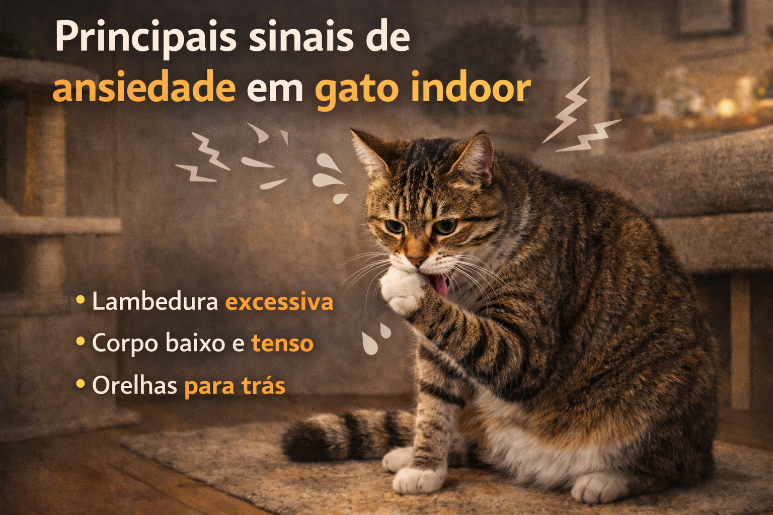 Gato indoor demonstrando sinais de ansiedade como lambedura excessiva e postura corporal tensa