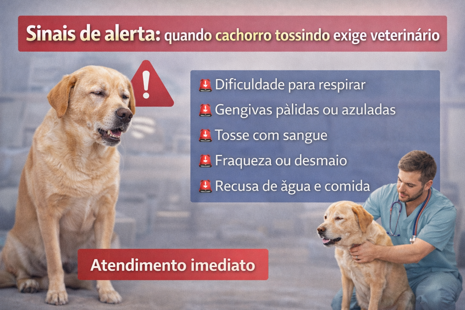 Cachorro tossindo com sinais de alerta graves, como dificuldade para respirar e fraqueza, indicando necessidade de atendimento veterinário imediato