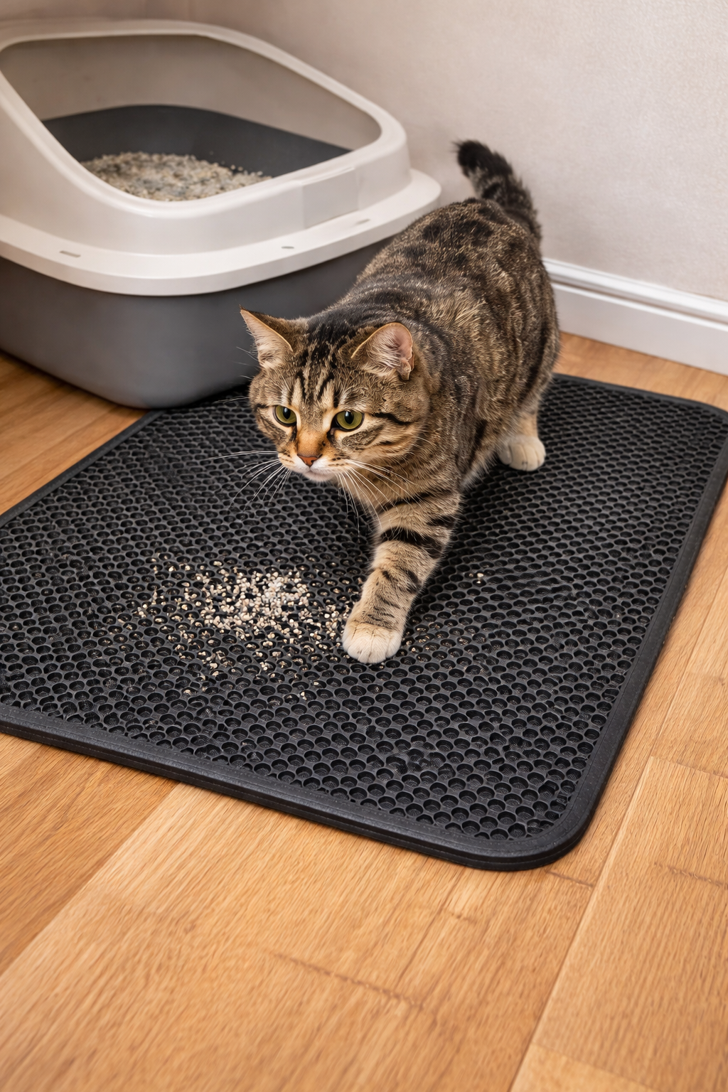 Gato saindo da caixa de areia pisando em tapete coletor que retém os grãos