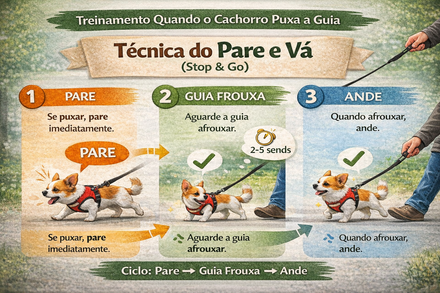 Passo a passo da técnica stop and go quando o cachorro puxa a guia no passeio