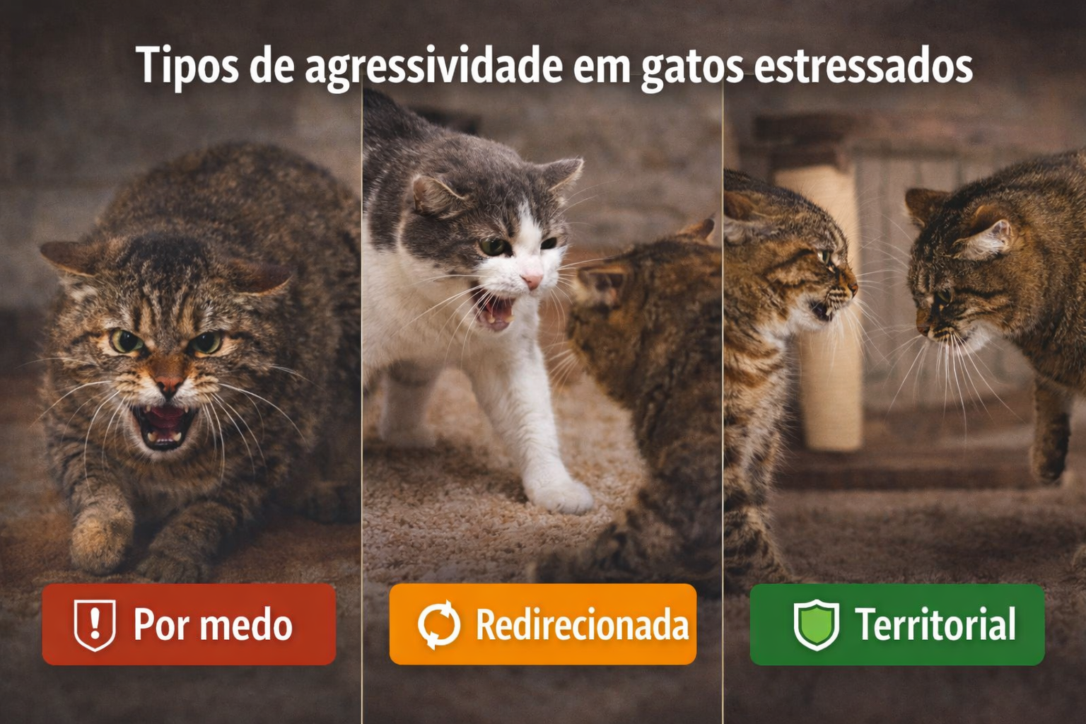 Infográfico mostrando tipos de agressividade em gatos estressados: por medo, redirecionada e territorial