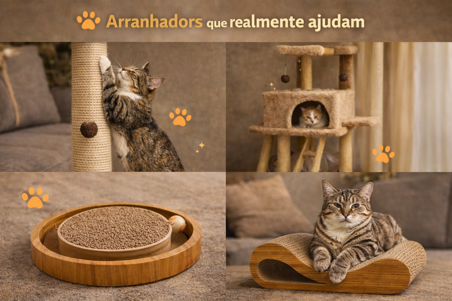 Diferentes tipos de arranhadores para gatos, incluindo modelos verticais, de papelão, interativos e tipo playground para reduzir estresse