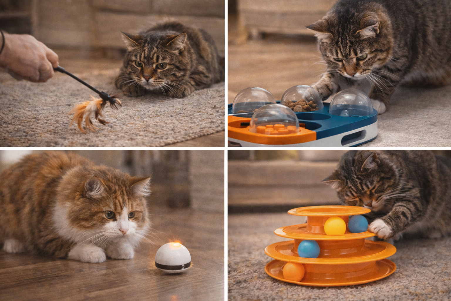 Diferentes tipos de brinquedos para gato estressado, incluindo varinha, brinquedo interativo com petiscos, brinquedo automático e pista com bolinhas
