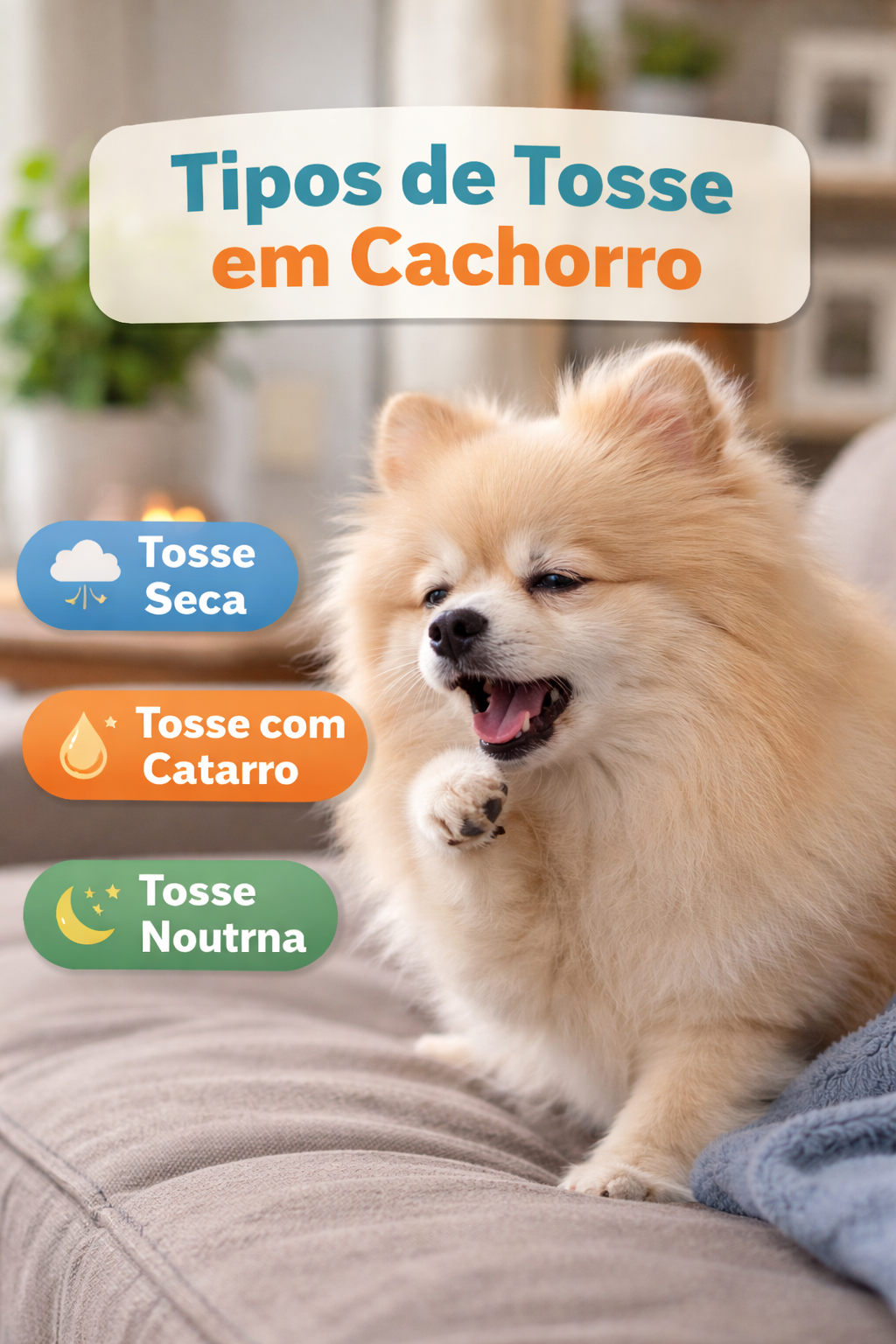 Tipos de tosse em cachorro ilustrados em um Spitz Alemão em ambiente doméstico