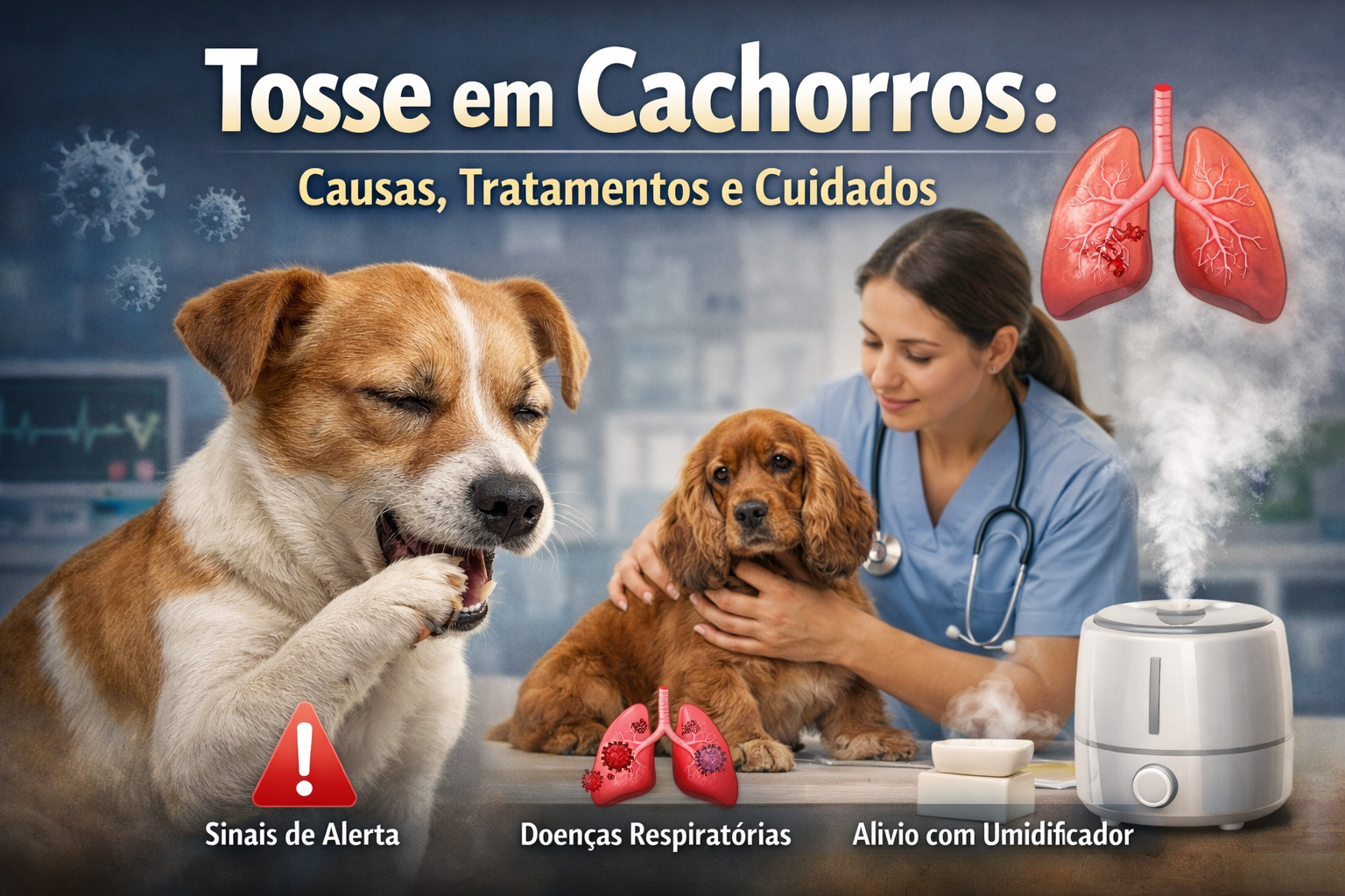 Cachorro tossindo enquanto veterinária examina outro cão, ilustrando causas, sinais de alerta e cuidados para tosse em cachorros