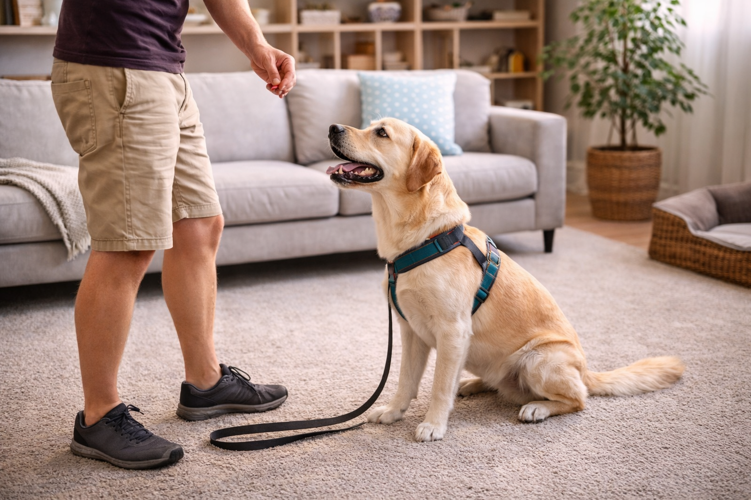 Cachorro treinando andar sem puxar dentro de casa com guia e petisco